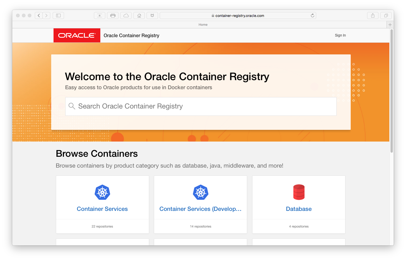 Oracle Container Registry Welcome Screen